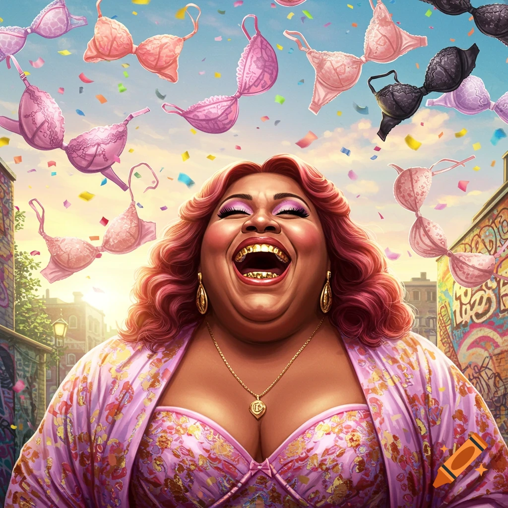 A laughing woman with pink hair and gold teeth stands in an urban setting as bras and confetti fall from the sky.