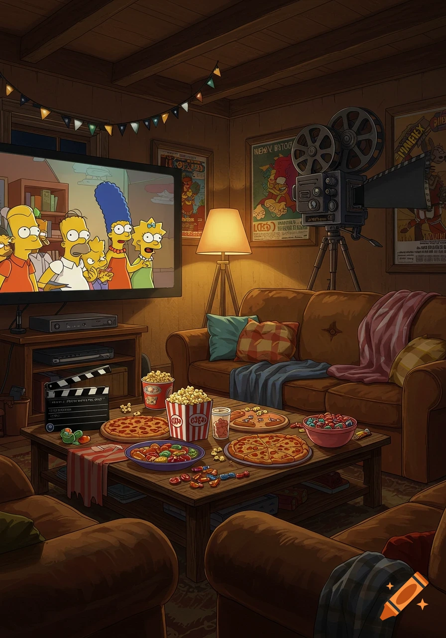A cozy living room at night with The Simpsons playing on a large TV, surrounded by pizzas, popcorn, candy, and a vintage film projector, creating a movie marathon atmosphere.