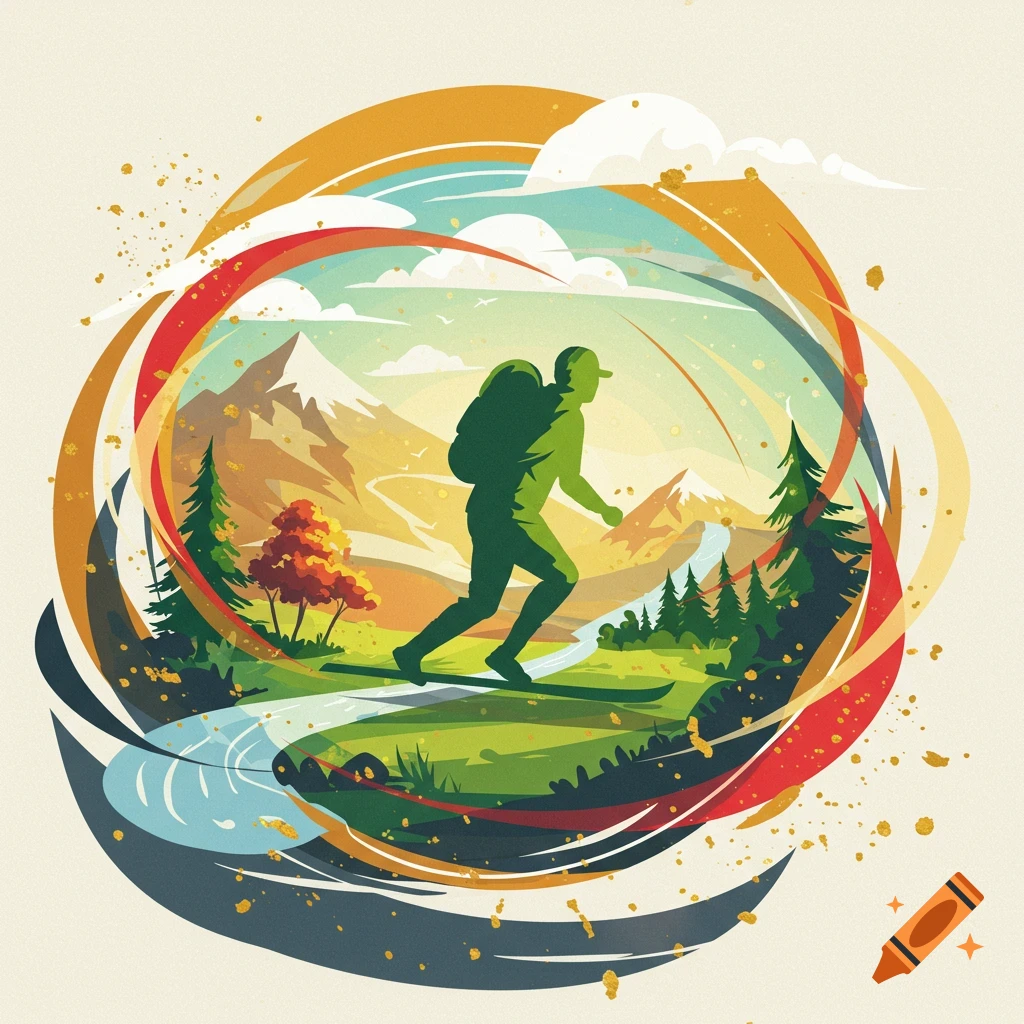 An abstract illustration of a person hiking through a colorful natural landscape with mountains, trees, and a river, encircled by swirling lines.