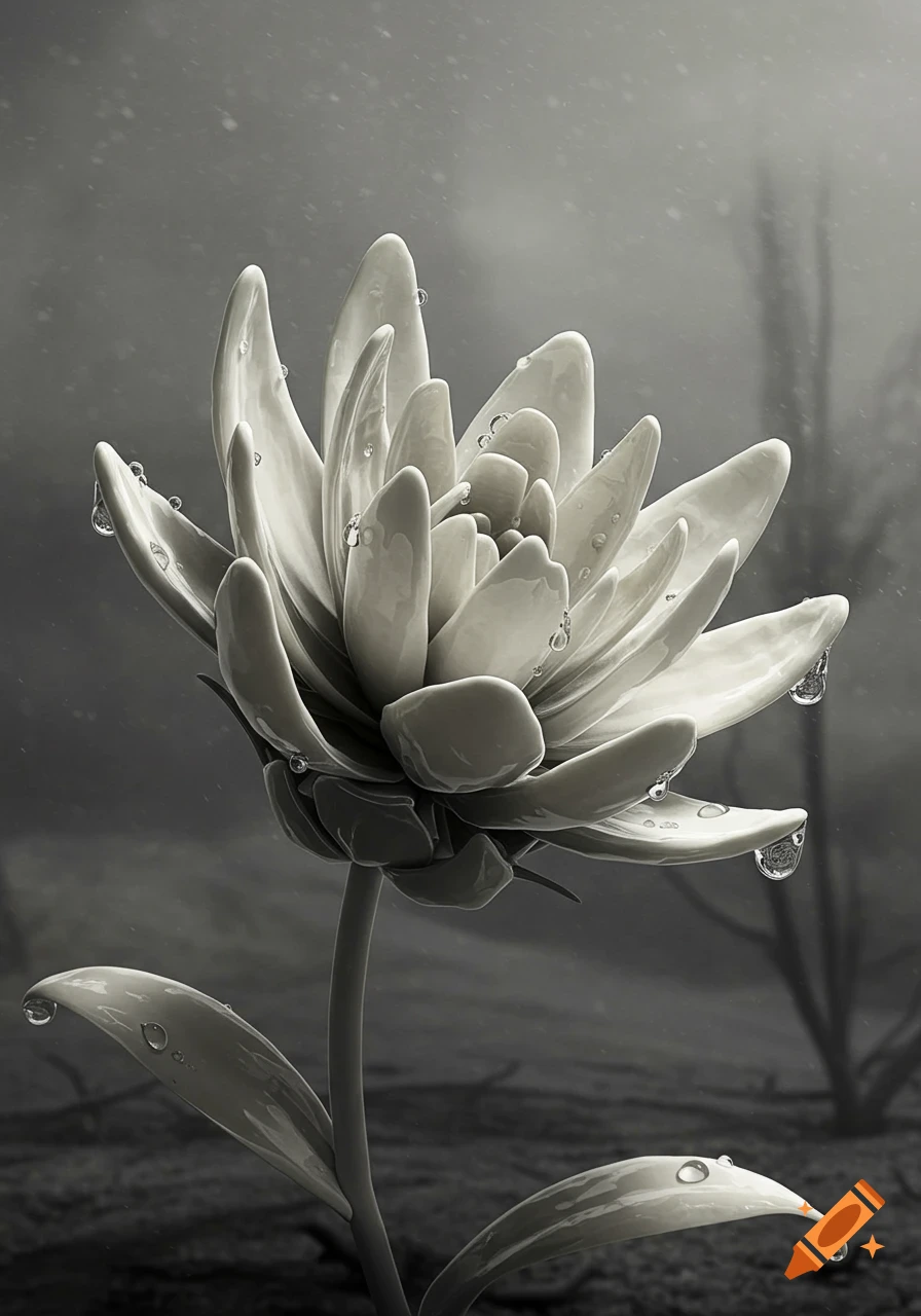A grayscale photorealistic image of a detailed lotus-like flower with water droplets on its petals and leaves, against a blurry dark background.