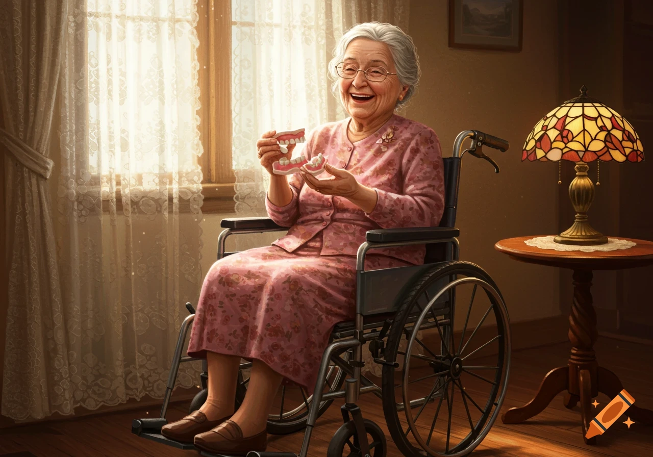 Happy elderly woman in a wheelchair holding dentures, sitting by a sunny window in a domestic setting.