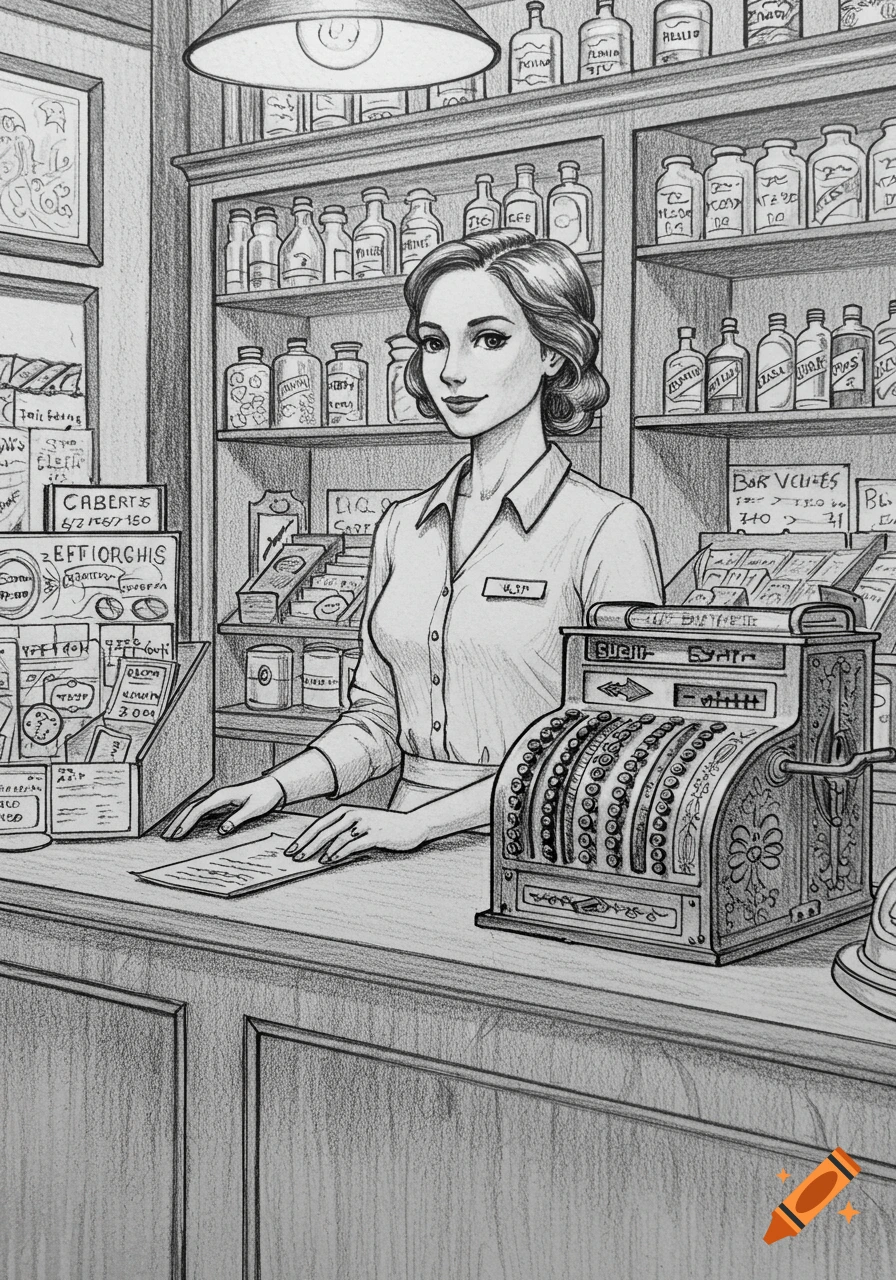 A black and white sketch of a female cashier standing behind a counter in an old-fashioned shop, with shelves of bottles behind her and an antique cash register on the counter.
