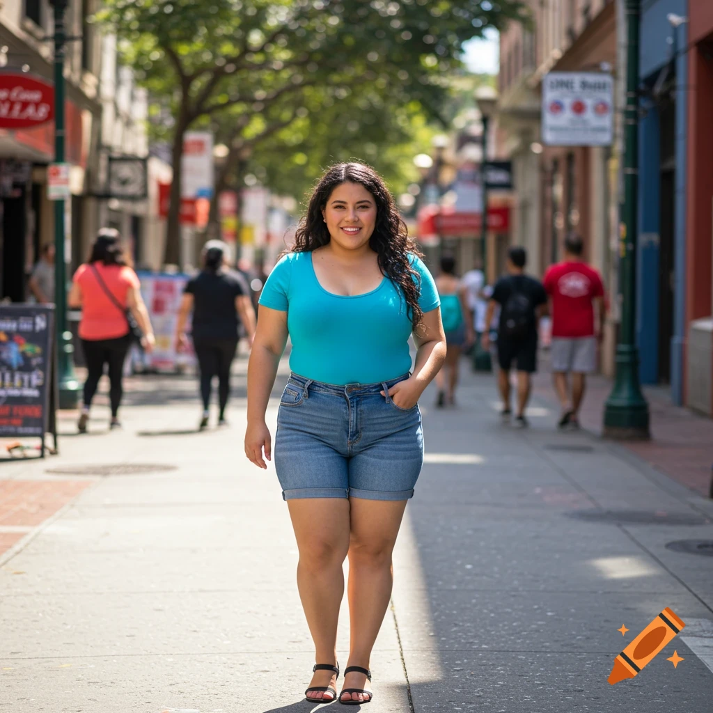 A smiling Hispanic woman in a turquoise top and denim shorts walks on a sunny city sidewalk, with blurred people and buildings in the background. Photorealistic.
