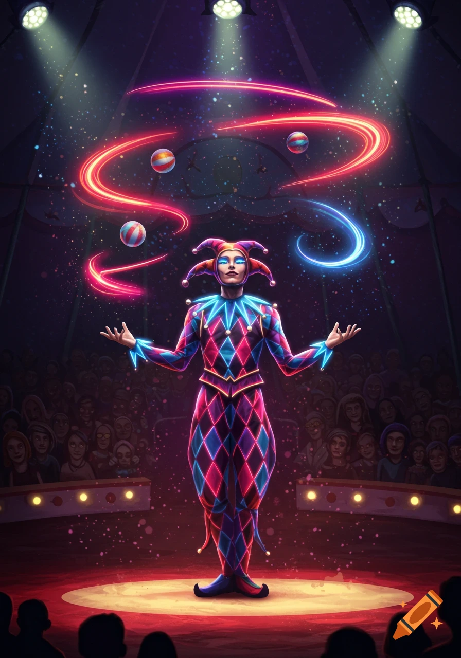 A vibrant illustration of a jester in a colorful suit juggling glowing orbs in a circus tent under spotlights.