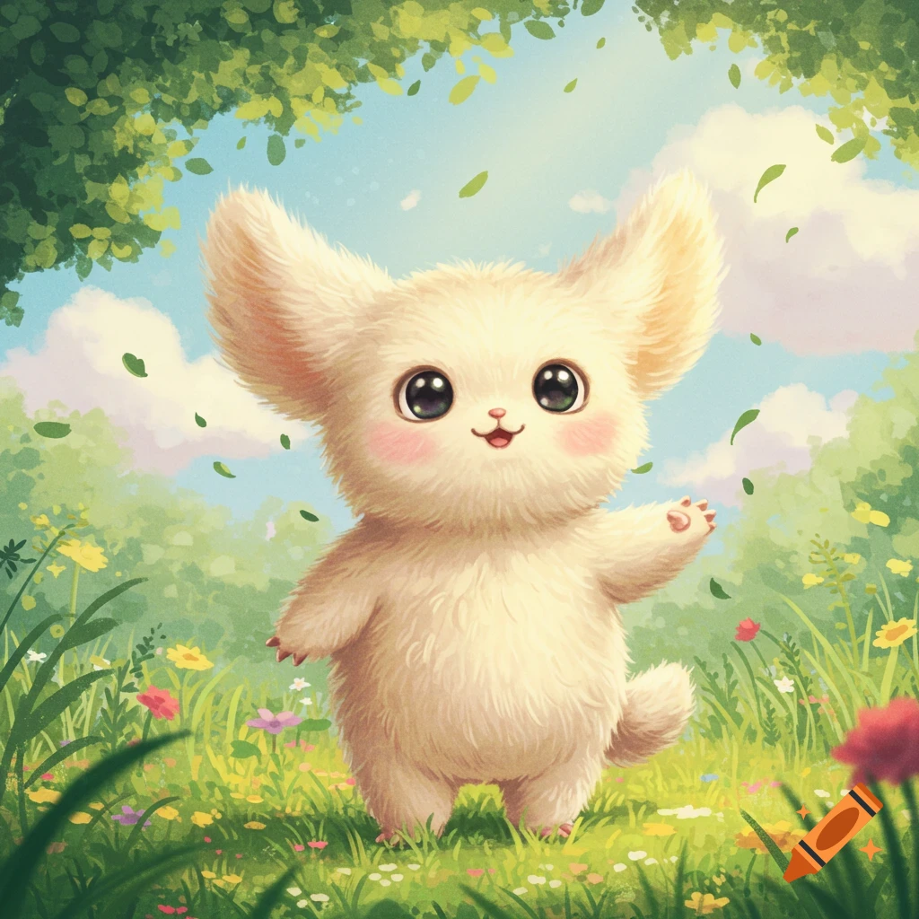 A cute, fluffy cream-colored creature with large ears and big eyes waves a paw in a vibrant green meadow with wildflowers and trees under a blue sky.
