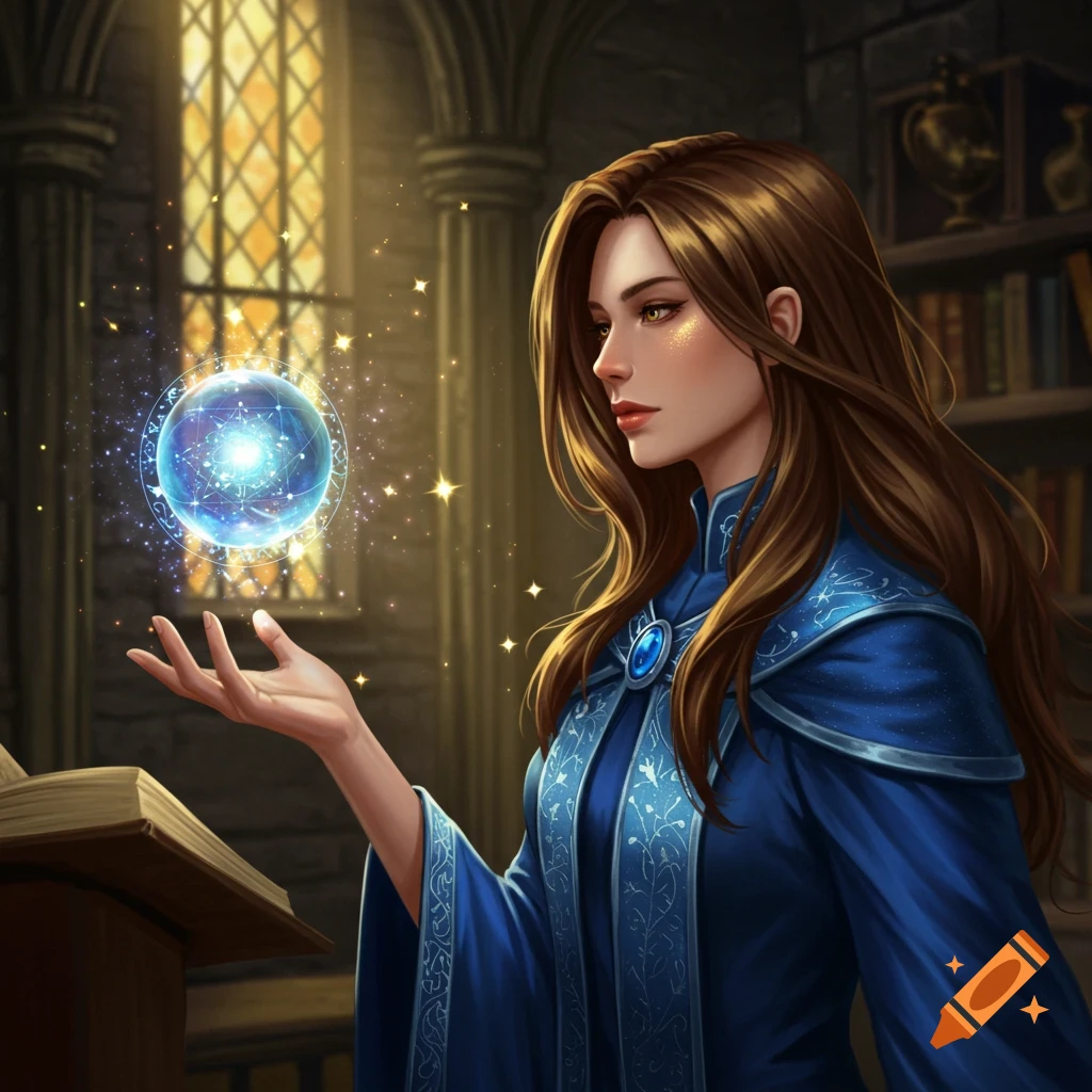 A female mage with long brown hair in a blue robe holds a glowing magical orb in a detailed fantasy library setting.