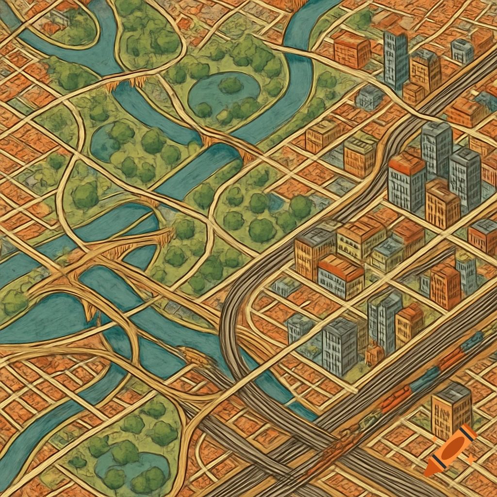 An overhead, isometric view of a detailed city map with rivers, parks, streets, buildings, freeways, and railroads in a painterly style.