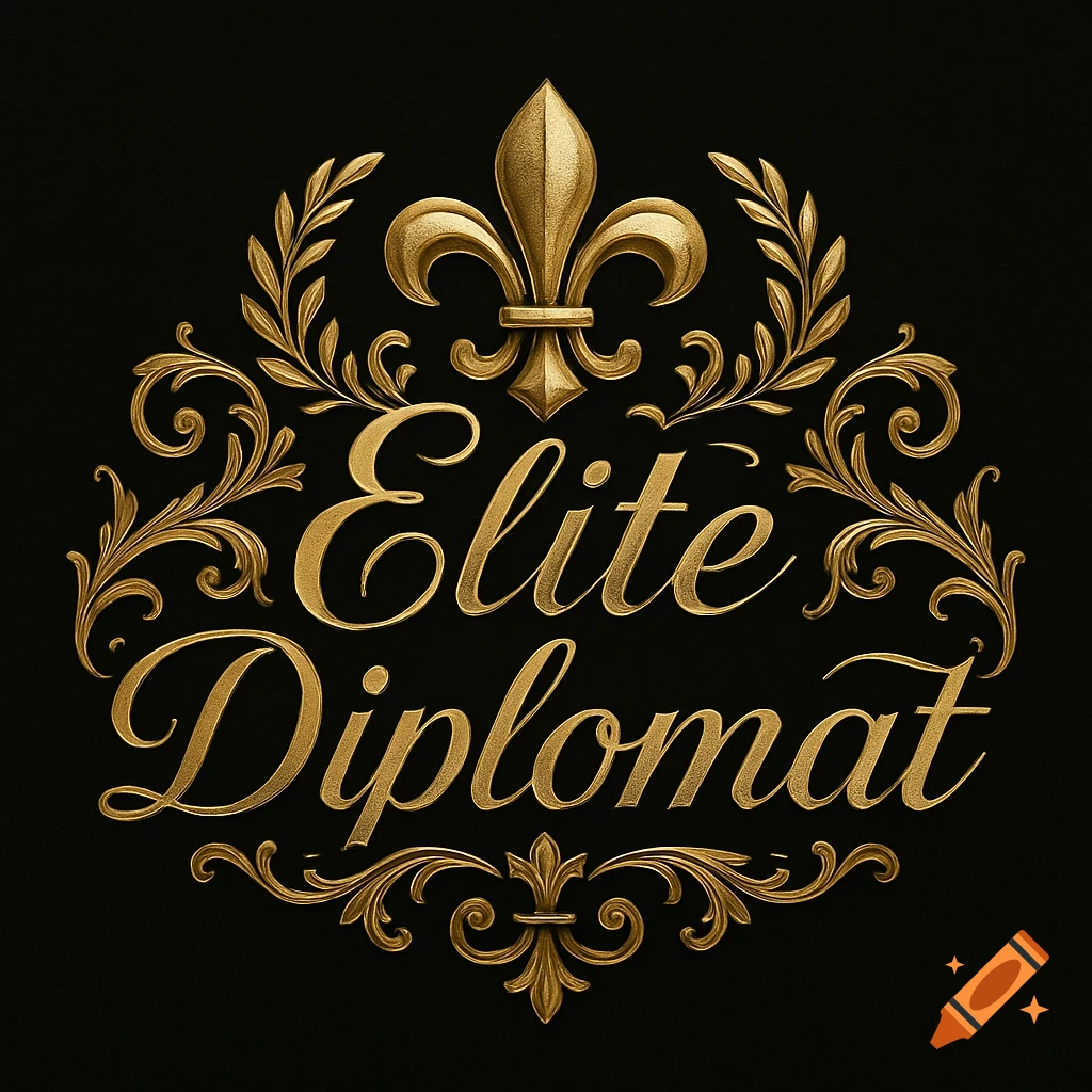 A black and gold ornate logo with a Fleur-de-lis and decorative scrollwork surrounding the words 'Elite Diplomat' in script.