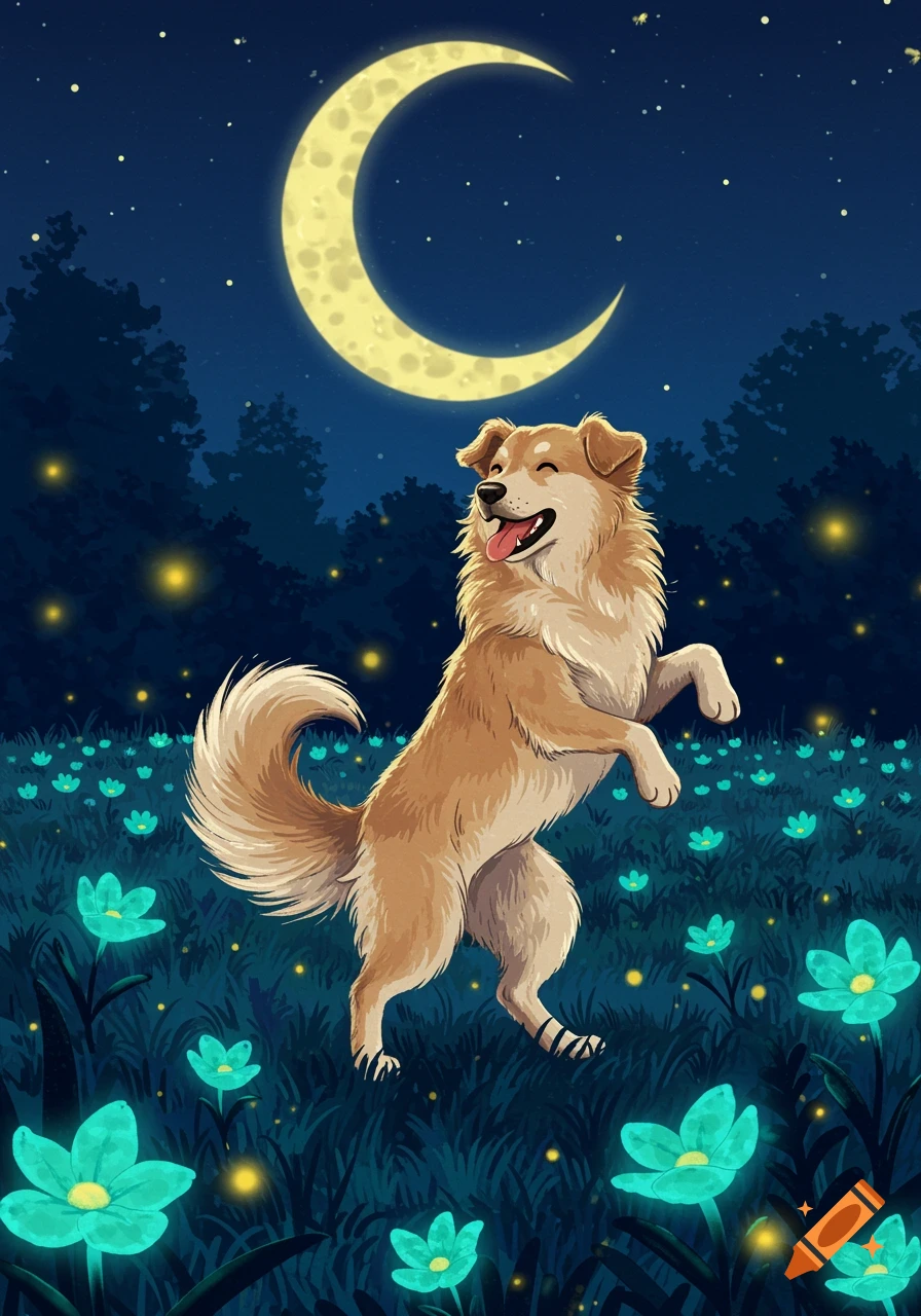 A happy brown dog dances on its hind legs in a field of glowing blue flowers under a large crescent moon at night in an illustration style.