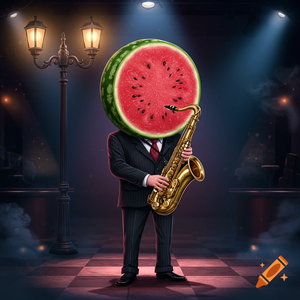 A cartoon man with a watermelon head in a suit plays a saxophone on a dimly lit stage next to a lamppost.