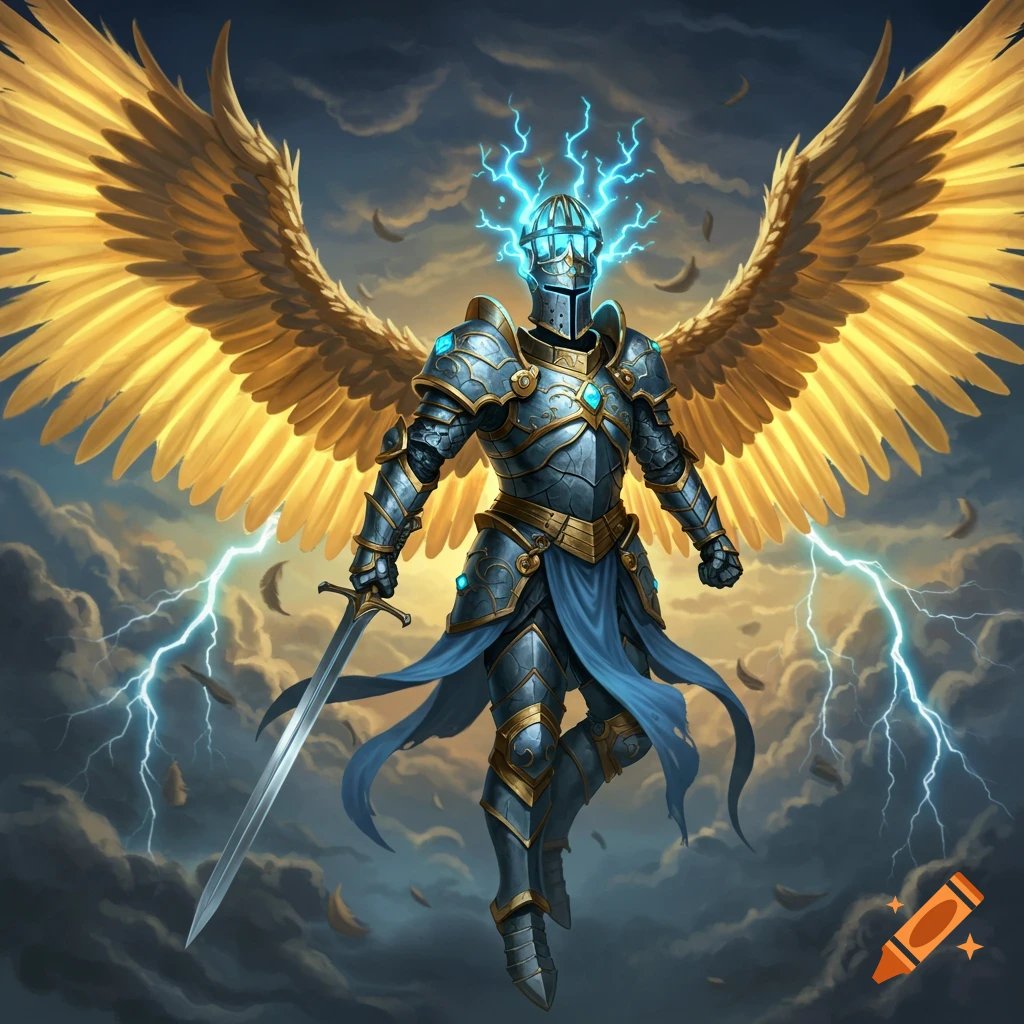 A majestic knight in blue and gold armor with glowing blue features and lightning around their helmet, flying with golden wings amidst stormy clouds.