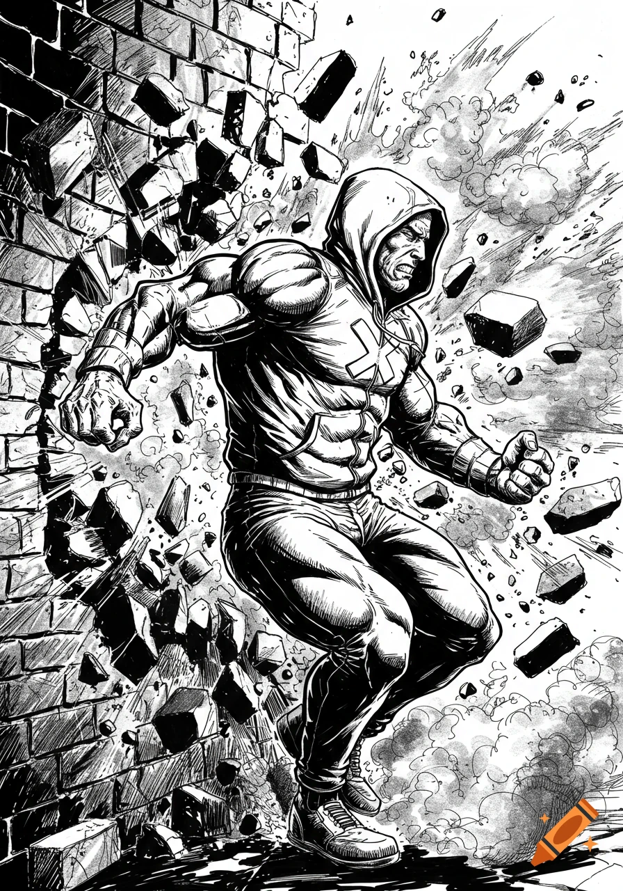 Black and white comic book art of a muscular man in a hoodie with an X symbol on his chest, breaking through a brick wall.