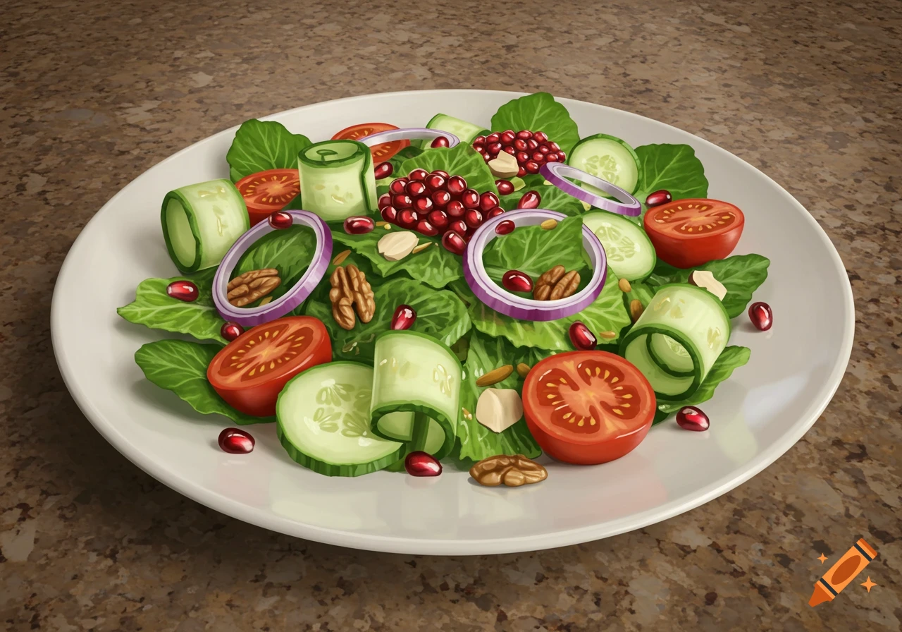 A colorful salad with lettuce, tomatoes, cucumbers, onions, pomegranates, and walnuts on a white plate on a granite surface.