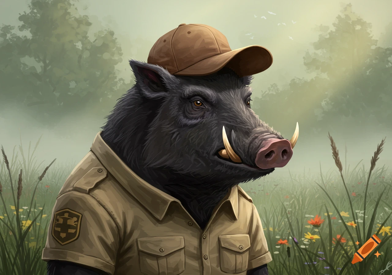 A dark gray anthropomorphic boar wearing a brown baseball cap and a khaki uniform stands in a misty green field with wildflowers.