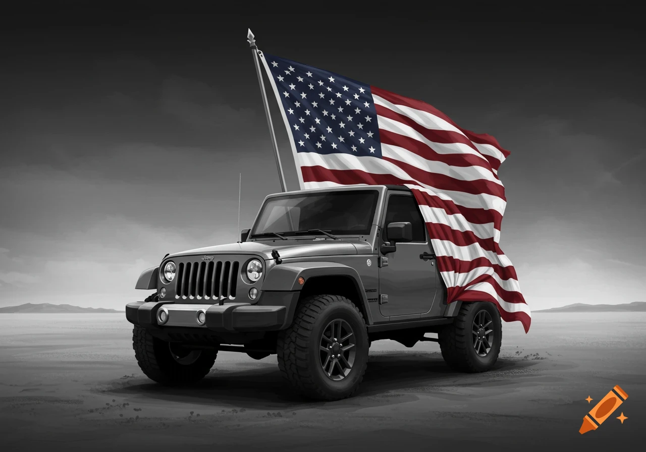 A gray Jeep with a large American flag draped over it, set against a monochrome, desolate landscape.