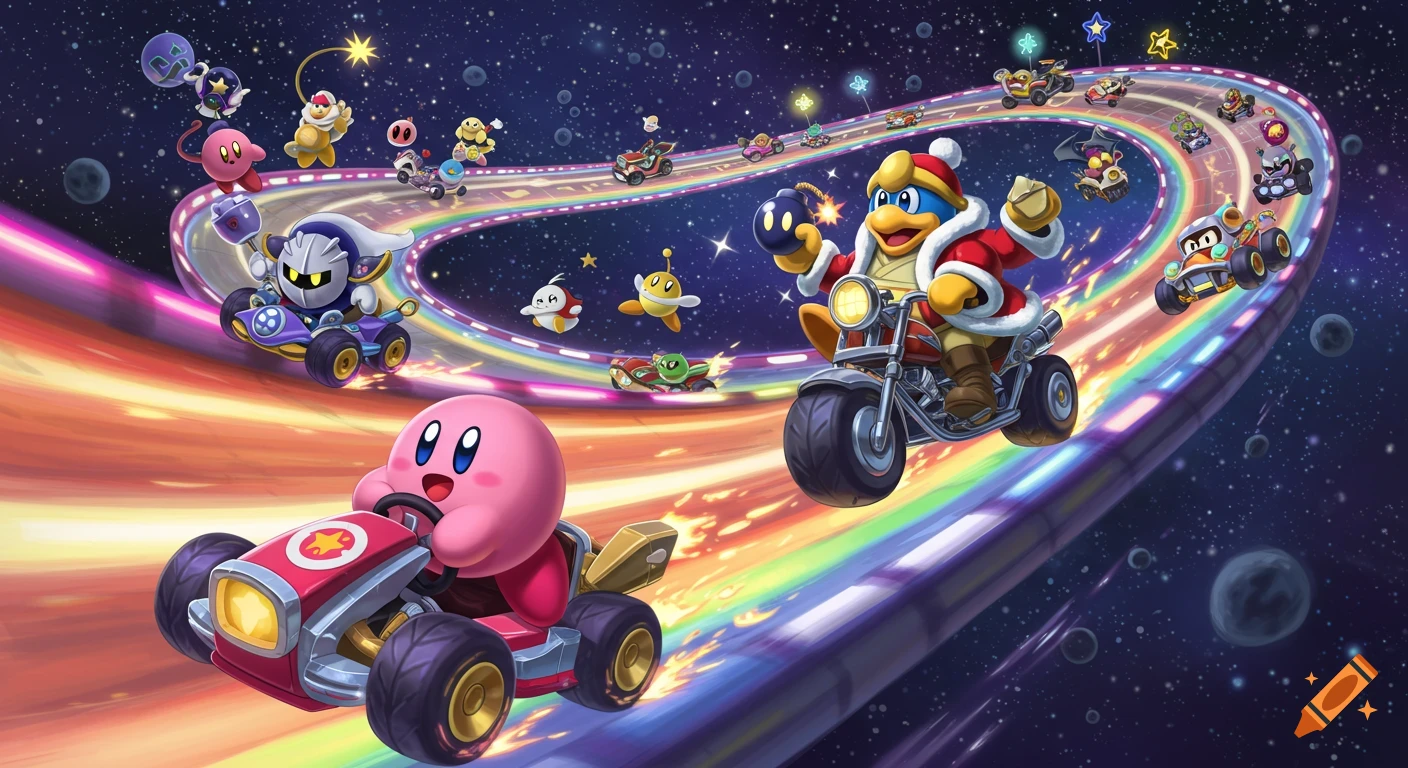 Kirby and friends racing on Rainbow Road in space with karts and motorcycles.