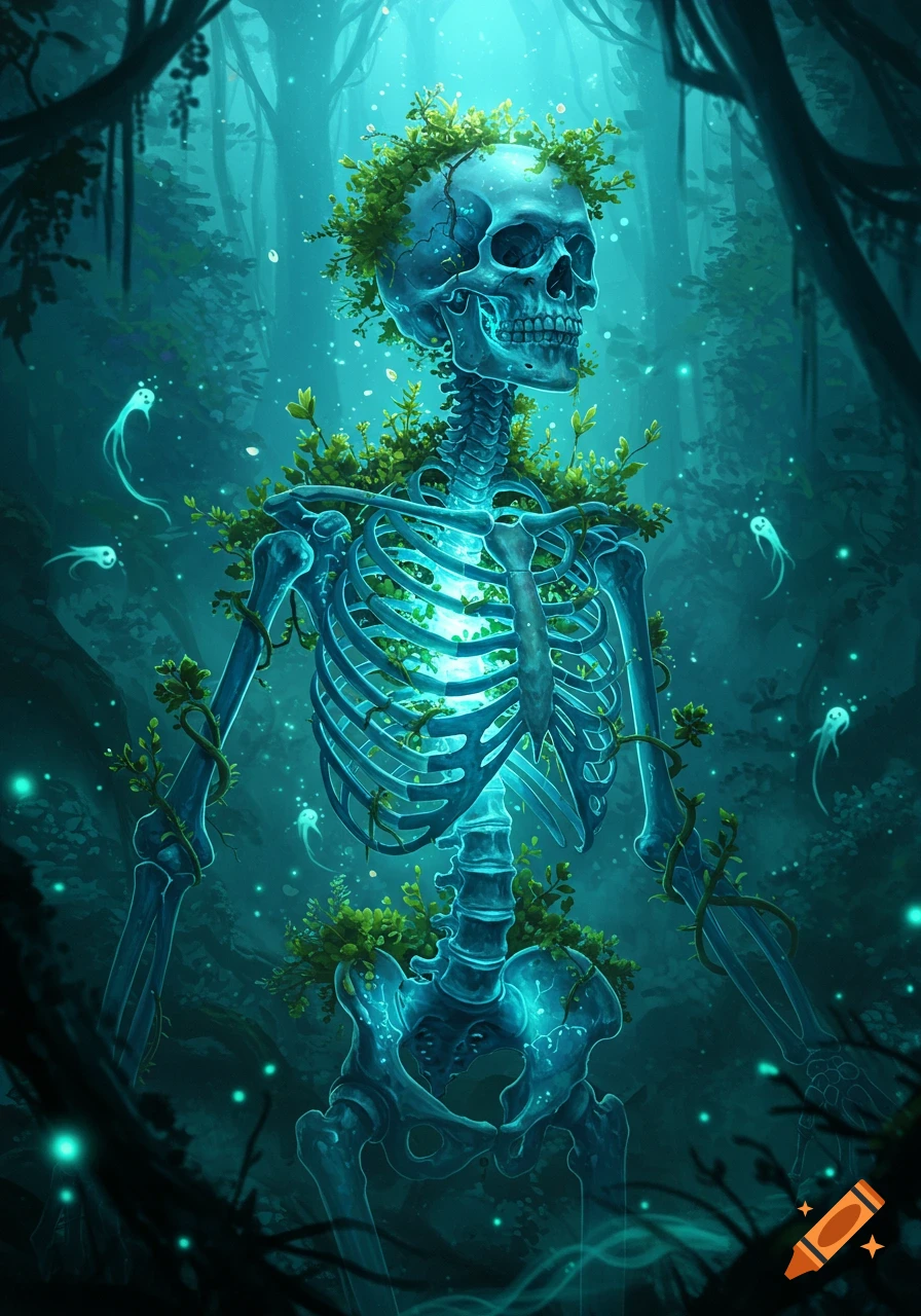 A luminous, teal-blue skeleton covered in green foliage stands in a dark, mystical forest with glowing spirits, in a digital art style.