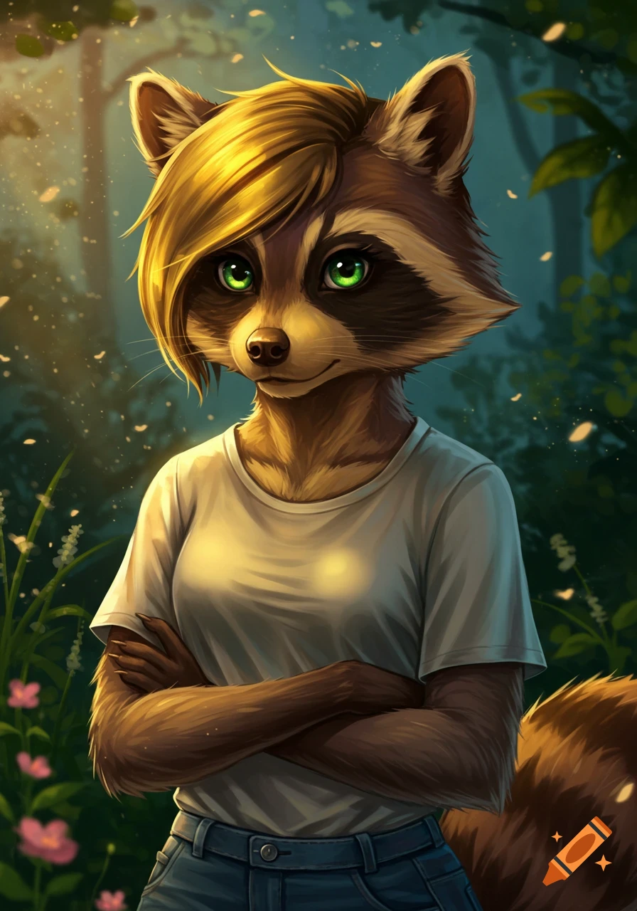 An anthropomorphic female raccoon with blonde hair and green eyes, wearing a white t-shirt, stands in a sun-dappled forest.