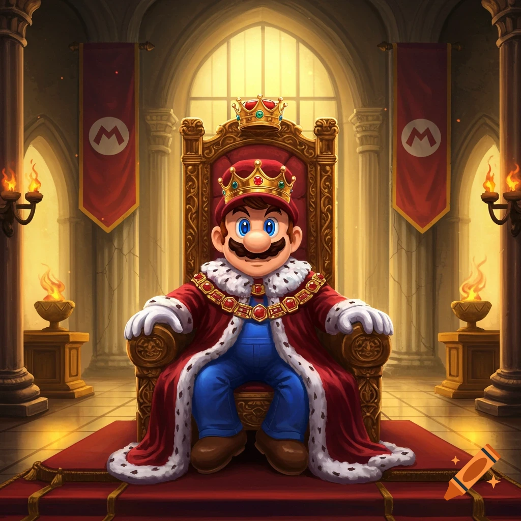 Mario in a king's robe and crown sits on an ornate golden throne in a grand castle hall.