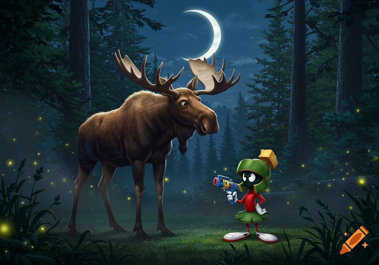 Marvin the Martian holding a futuristic gun stands beside a large moose in a moonlit forest with fireflies.