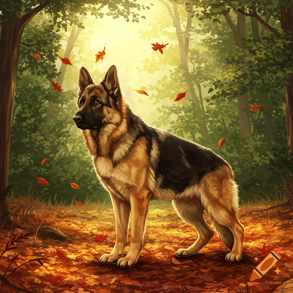 An illustrated German shepherd dog stands in a sunlit autumn forest with falling red and orange leaves.