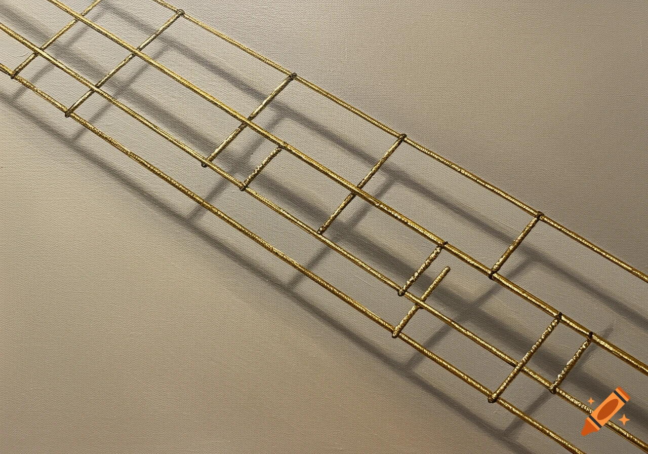 A minimalistic acrylic painting featuring a diagonal grid of golden, textured rebar-like material on a light beige canvas background with shadows.