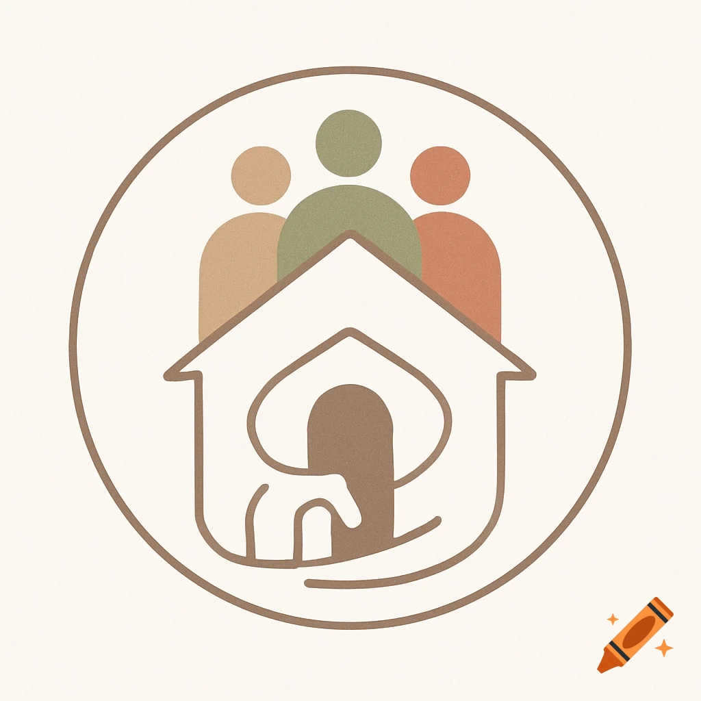 A minimalist logo features three abstract human figures and a stylized dog inside a house outline, all within a circle, in earthy tones.