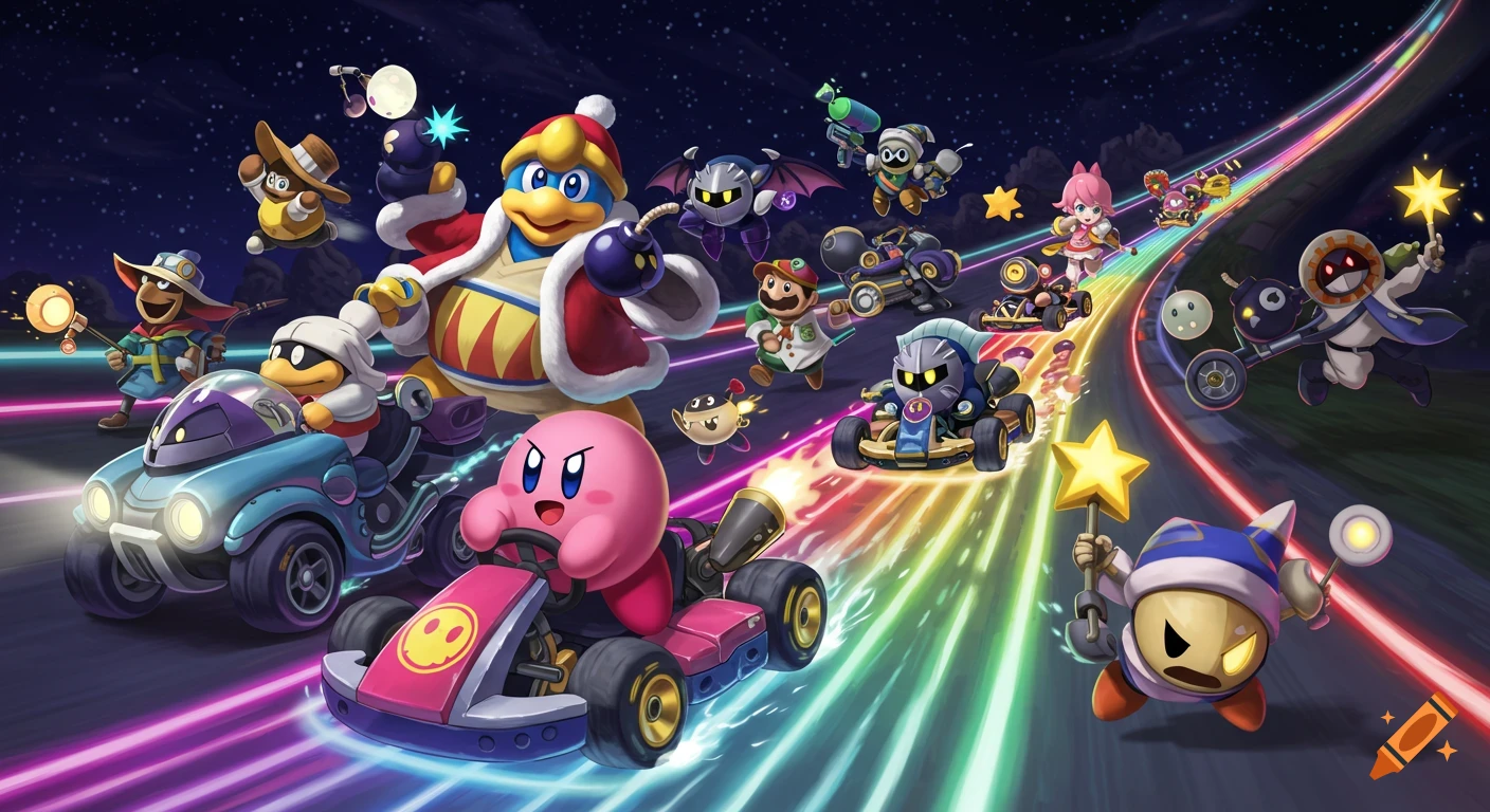 Kirby and other characters from his universe race go-karts and vehicles down a vibrant rainbow road at night, with stars in the sky.