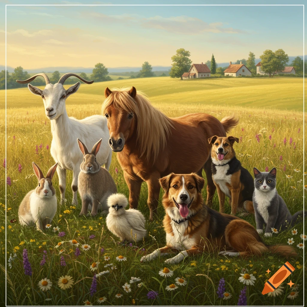 A group of farm animals including a goat, a horse, two rabbits, a silky chicken, two dogs, and a cat stand in a sunny field filled with wildflowers and tall grass, with farmhouses in the background.