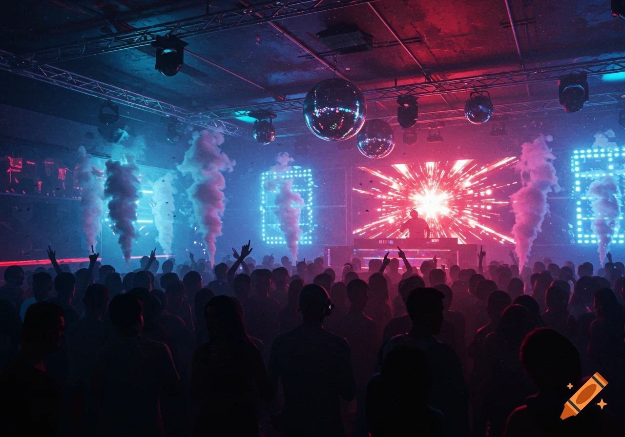 A crowded nightclub with a DJ performing on stage, bathed in vibrant red and blue lights, smoke, and disco balls.