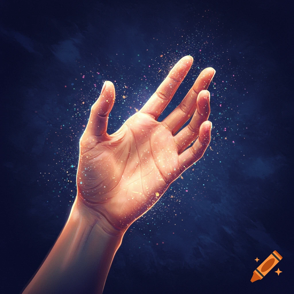 An illuminated human hand with vibrant, sparkling dust radiating from it against a dark, magical background.