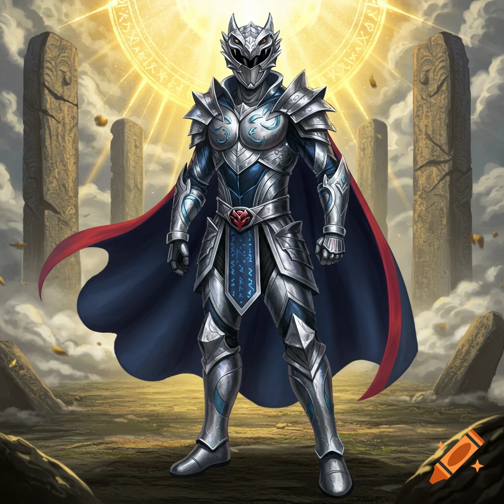 A male figure in intricate silver and blue fantasy armor with a helmet and a red and blue cape, standing between ancient stone pillars under a bright, glowing sun symbol.