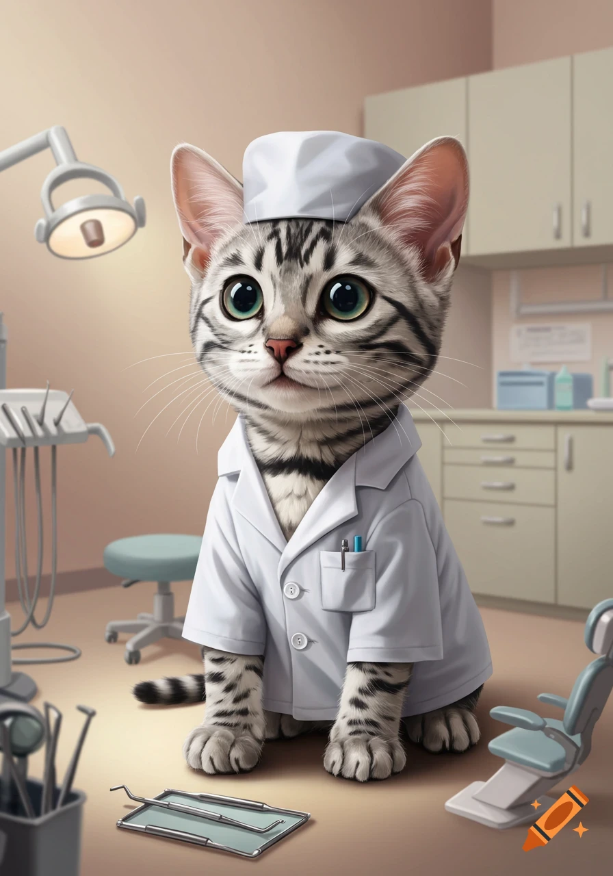A cute silver Bengal cat wearing a white dentist's coat and cap, sitting in a dental office with tools and equipment.