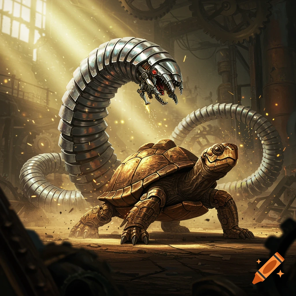 A massive silver worm robot with red eyes looming over a golden mechanical turtle in a dusty, sunlit steampunk factory.
