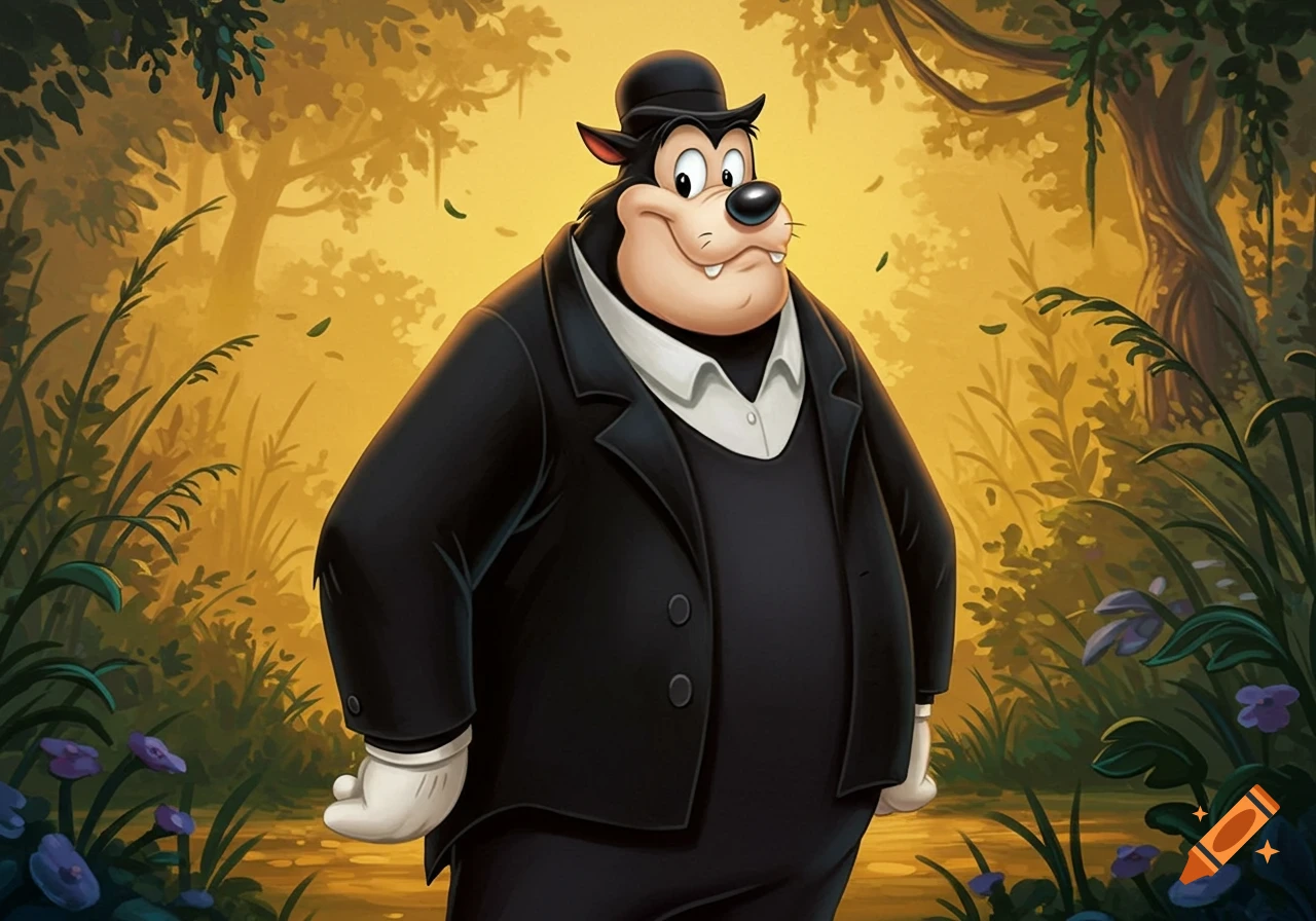 A stout, anthropomorphic black cat in a black suit, white shirt, and bowler hat stands in a golden-lit forest.