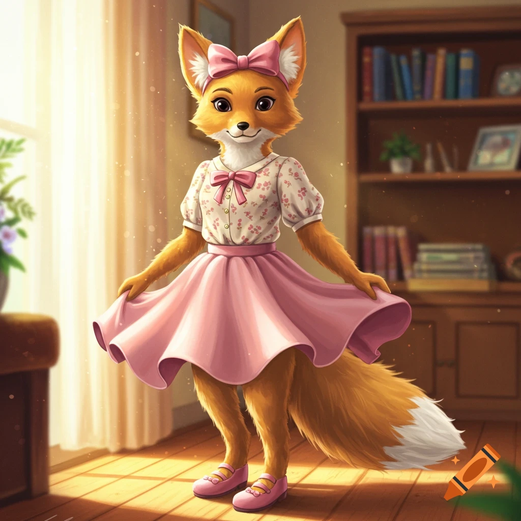 An anthropomorphic fox with a pink bow, white and pink floral blouse, pink skirt, and pink shoes, stands indoors. Sunlight streams from a window.