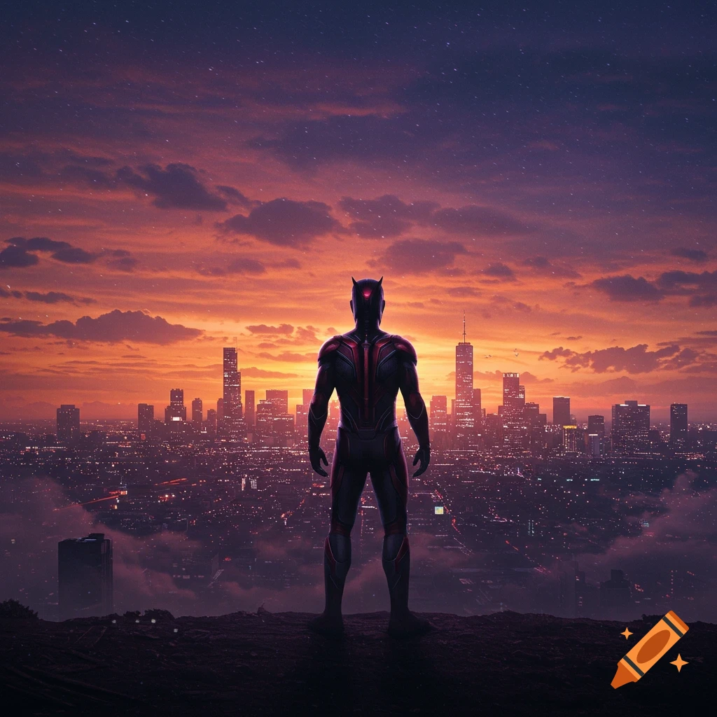 A superhero in a black and red suit stands on a cliff overlooking a vast city skyline at sunset under a starry sky.