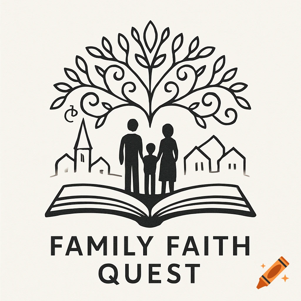 Black and white line drawing logo featuring a family, church, and tree above an open book with 'FAMILY FAITH QUEST' text.