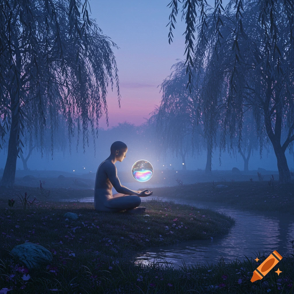 A person meditates in a mystical, foggy forest at dusk, holding a glowing, colorful orb with an ethereal glow.