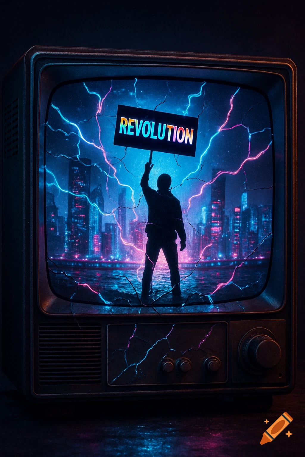 A silhouetted figure holds a glowing "REVOLUTION" sign on a fractured retro TV screen, set against a neon cyberpunk city. Digital art.