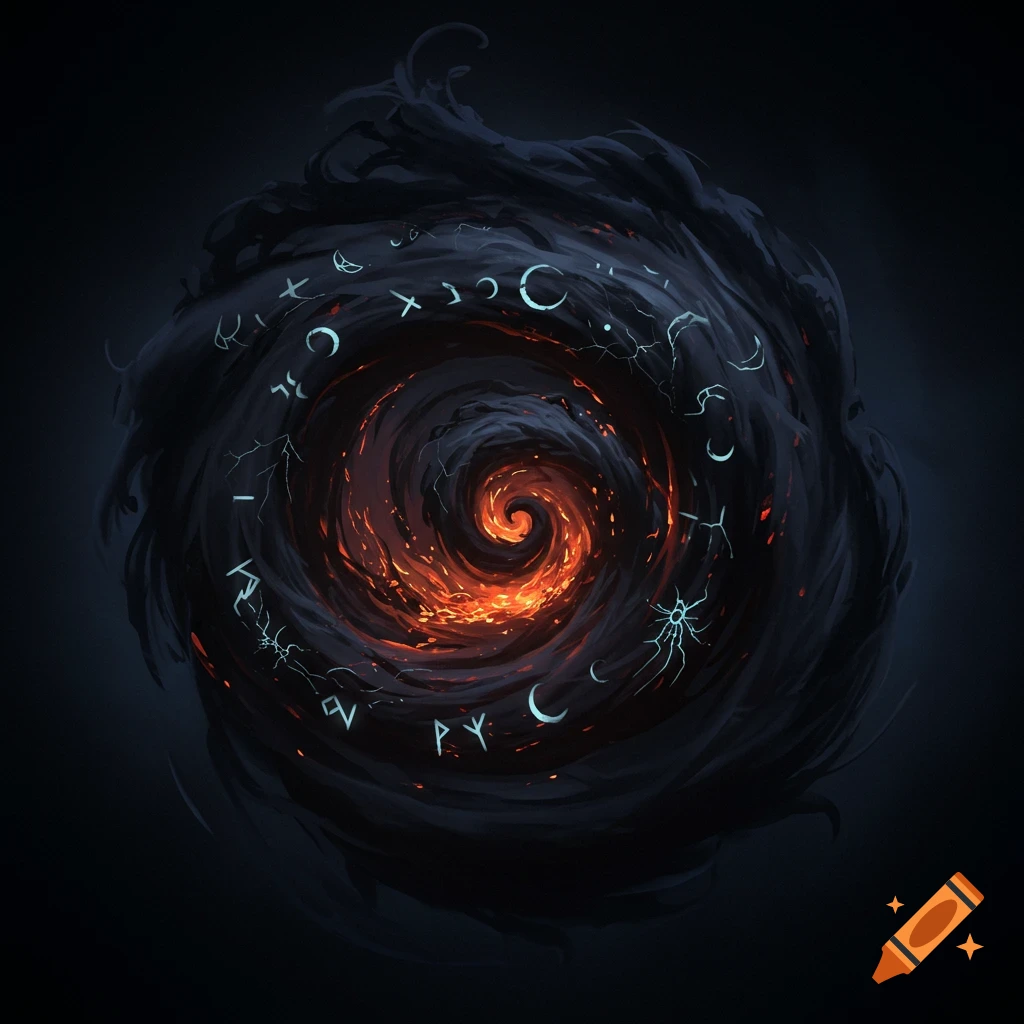 A dark, swirling vortex with glowing orange embers and pale blue symbols like runes and crescent moons.