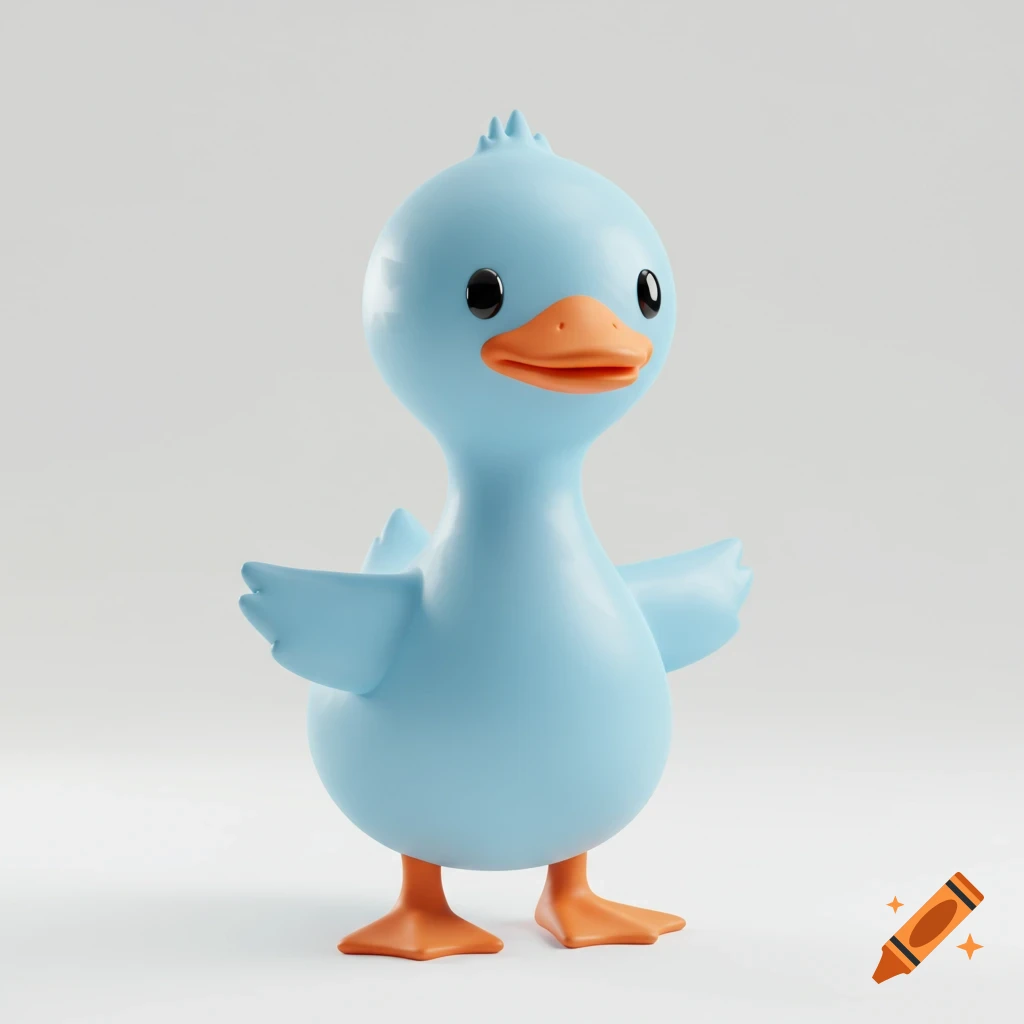 A cute, light blue, Sanrio-style 3D model of a duck with an orange beak and feet, standing against a white background.