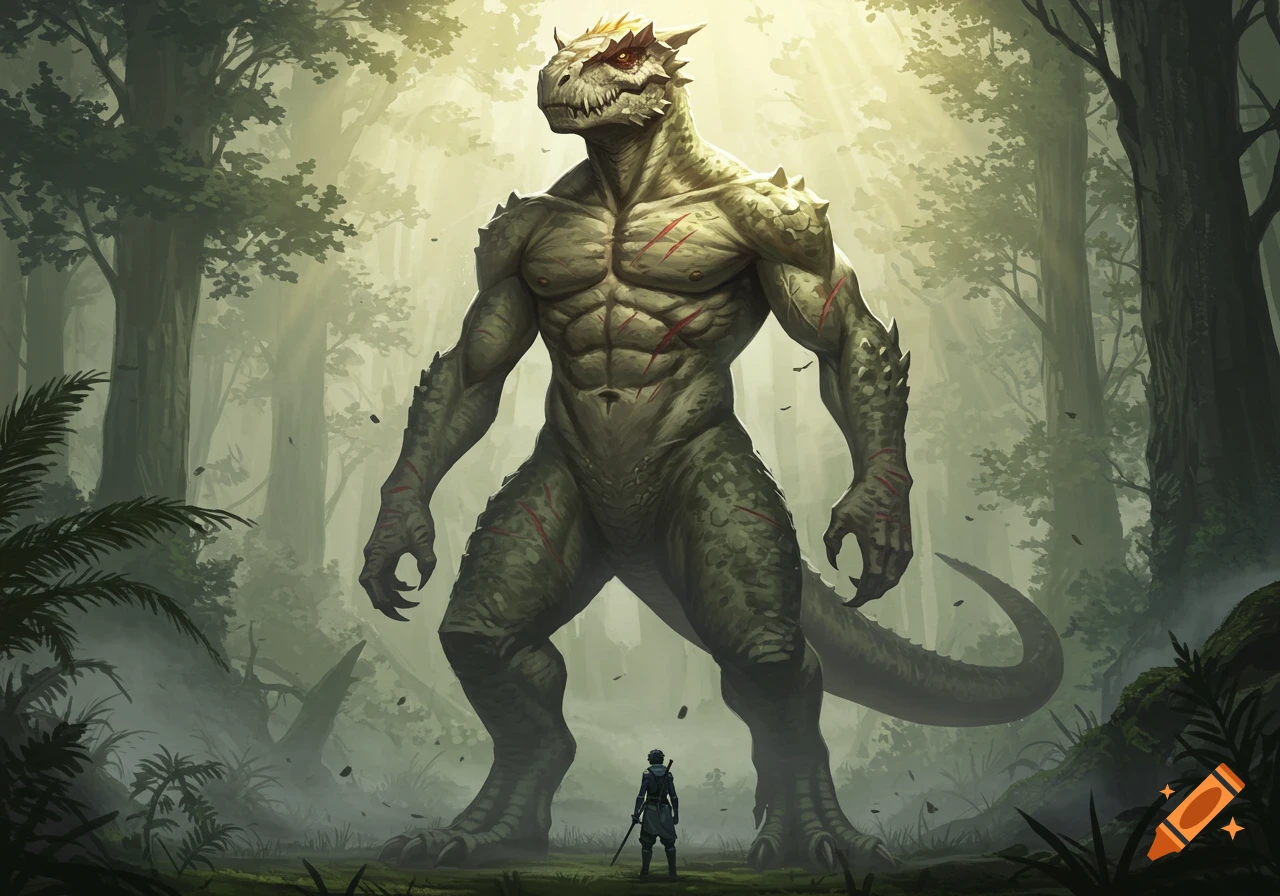 A giant, muscular, bipedal lizard monster with red scars stands in a misty forest, looking down at a small, armored warrior with a sword.