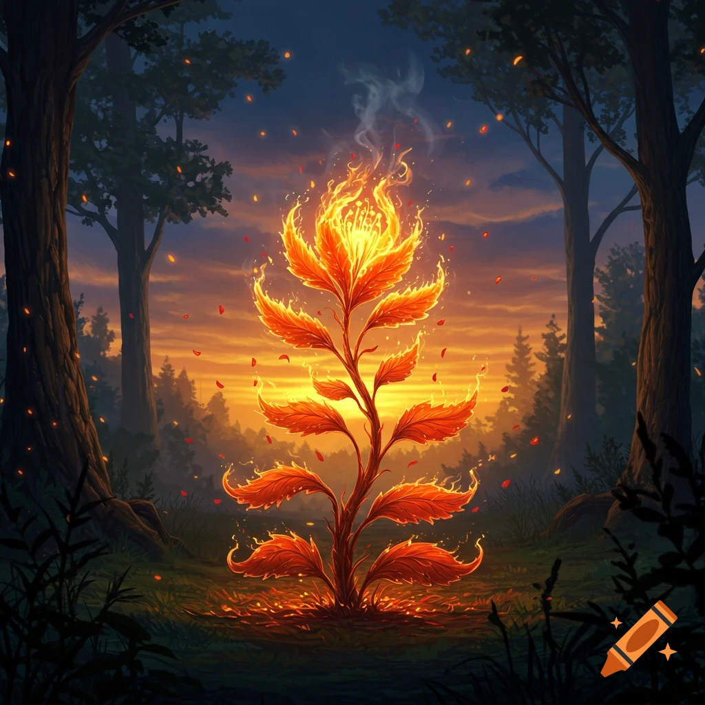 A vibrant, glowing plant with fiery orange and yellow leaves and a flaming top, set in a dark forest at sunset.