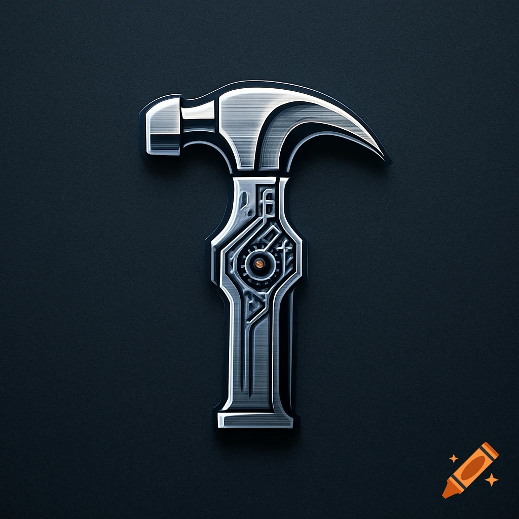 A stylized metallic silver hammer logo with intricate designs on a dark background.