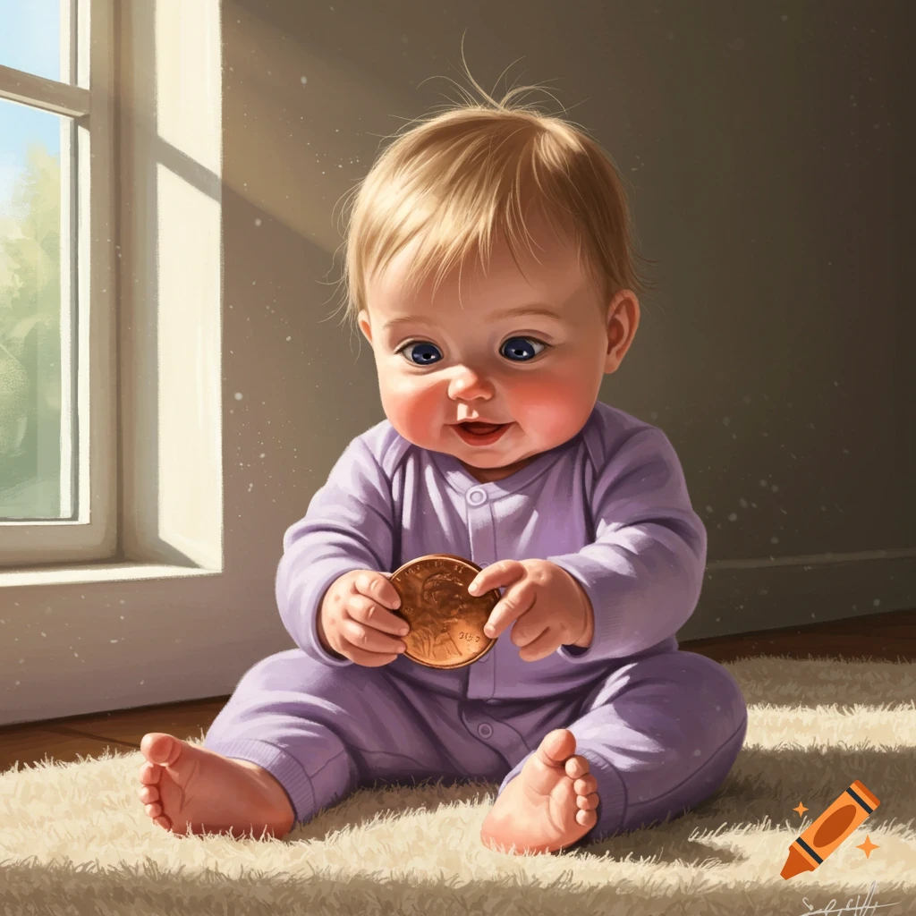 A cute baby in purple pajamas sits on a fluffy rug by a sunlit window, holding a large penny.
