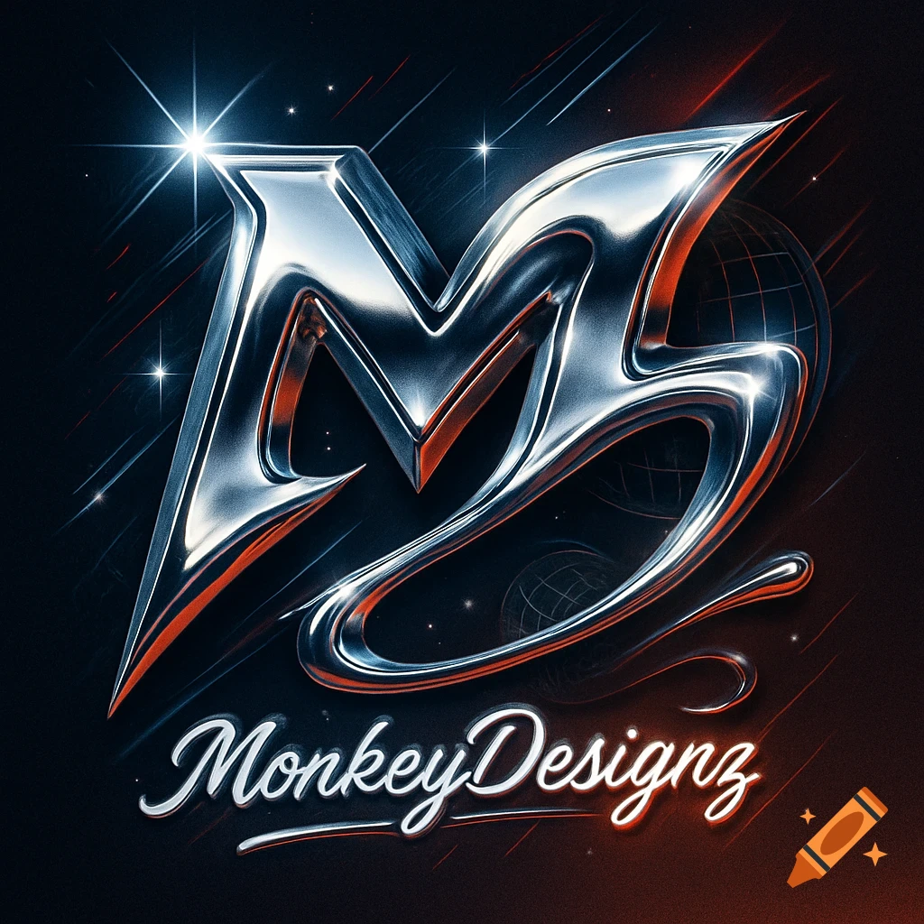 A high-resolution, Y2K-inspired chrome logo with a stylized metallic M and S, and 'MonkeyDesignz' in sleek cursive, with starbursts and red accents.