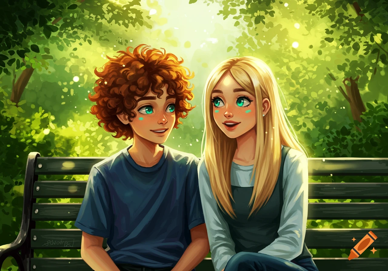 A cartoon boy with curly brown hair and a girl with straight blonde hair sit on a park bench, looking at each other in a vibrant green setting.