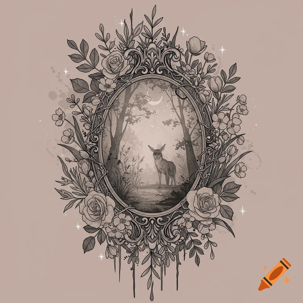 A black and white whimsical illustration of a deer in a moonlit forest within an ornate oval frame surrounded by gothic floral designs.