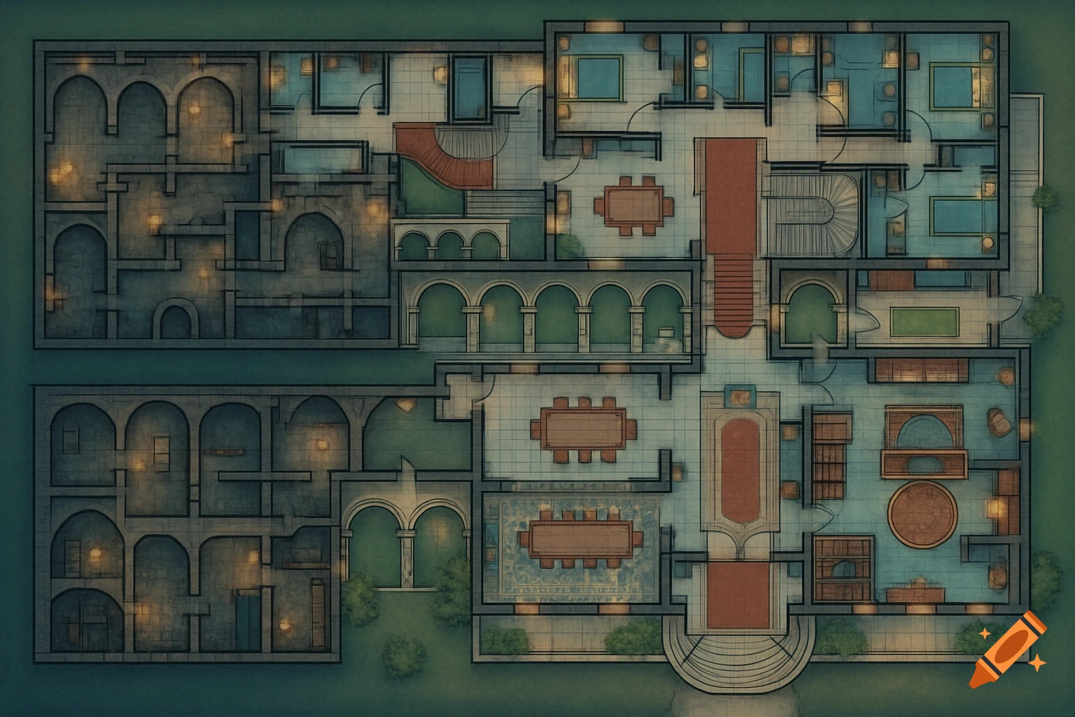 A top-down floor plan of a large, two-story and basement mansion with a grid, designed for TTRPGs, showing rooms, stairs, and furniture.